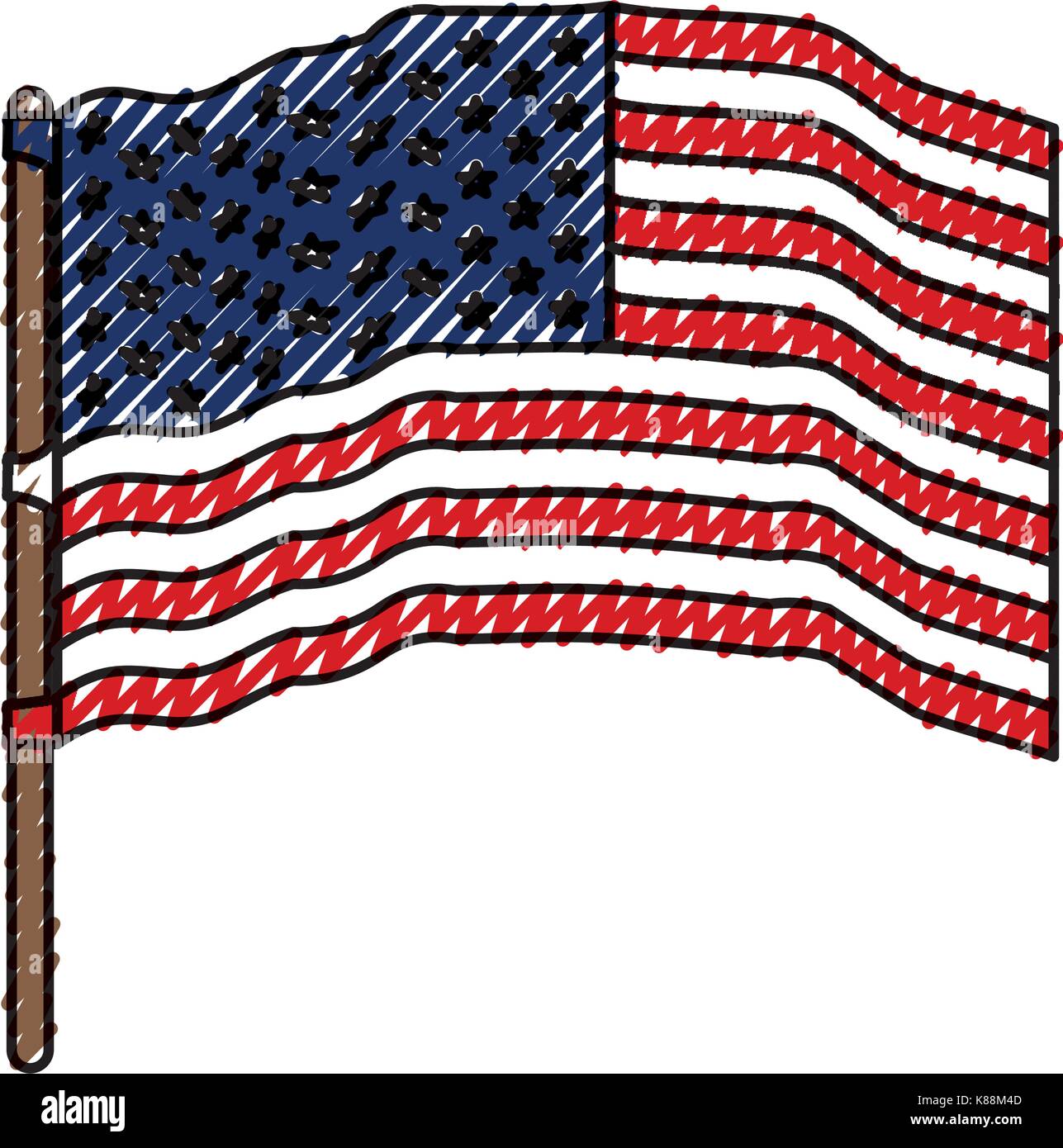 flag united states of america waving in flagpole and colored crayon ...