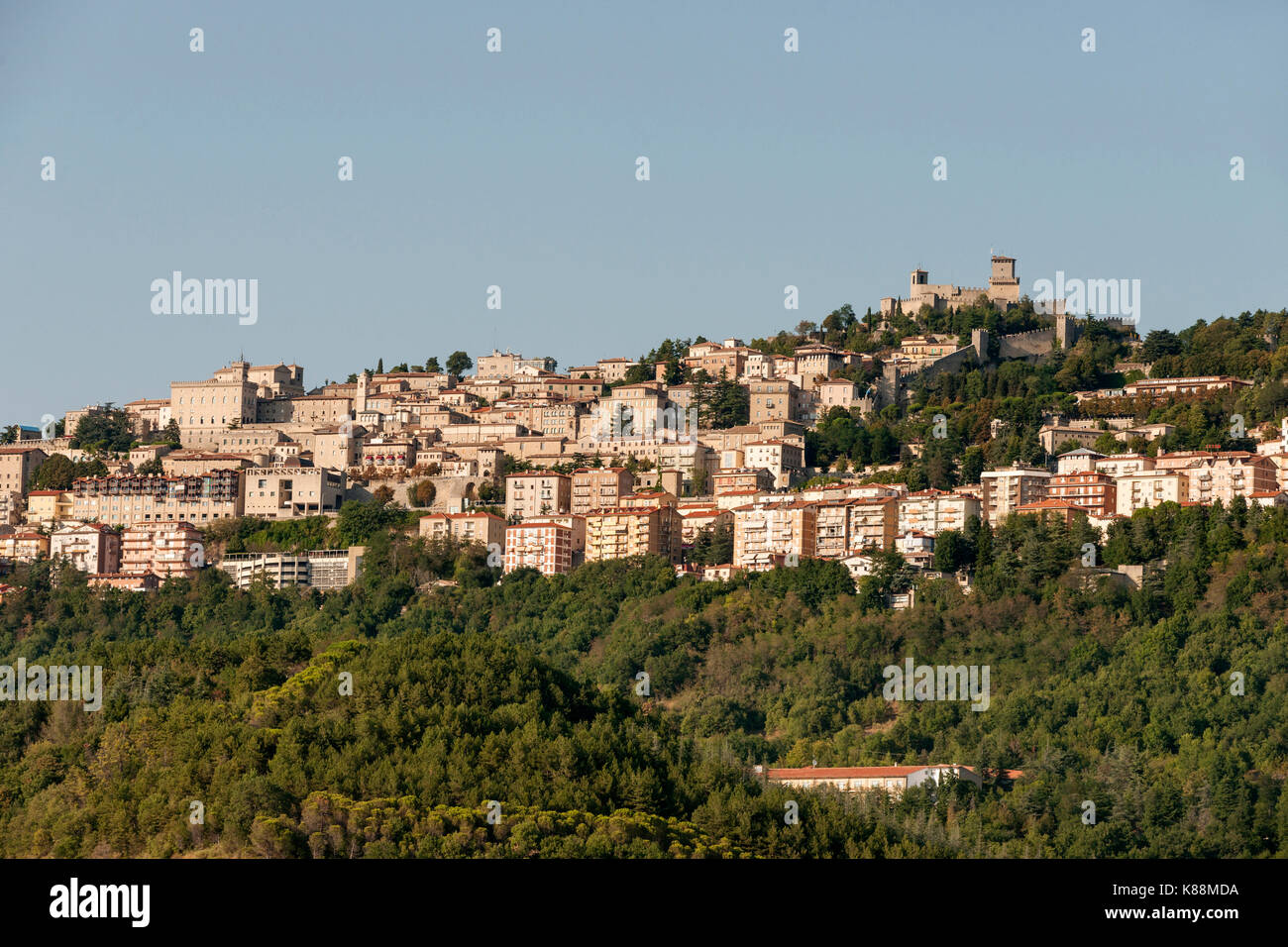 View of Mount Titan (Monte Titano) and the 'city' of Città, the capital of the republic of San Marino. Stock Photo