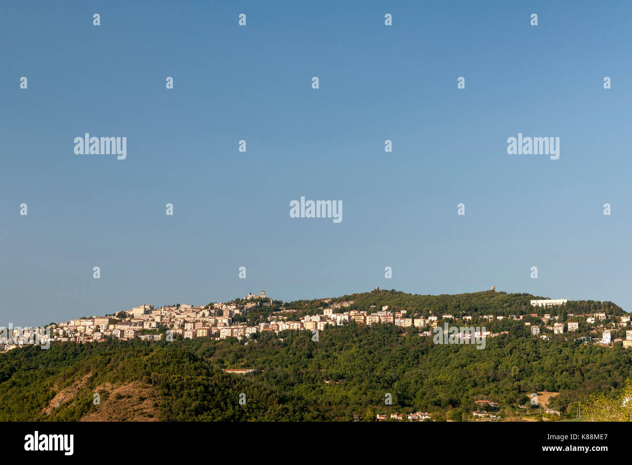 View of Mount Titan (Monte Titano) and the 'city' of Città, the capital of the republic of San Marino. Stock Photo