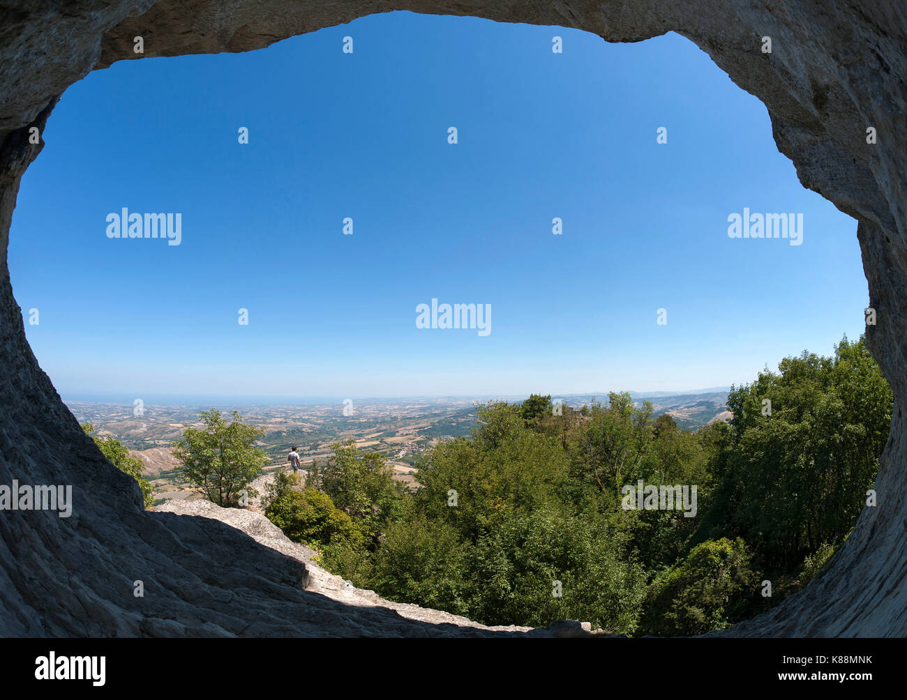 View from a cave on the slopes of Mount Titan (Monte Titano) in the republic of San Marino. Stock Photo