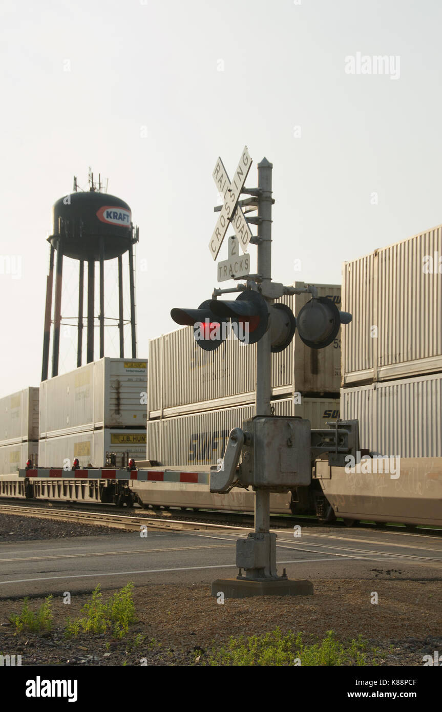 Double-stack container train passing Rochelle, Illinois, USA Stock Photo