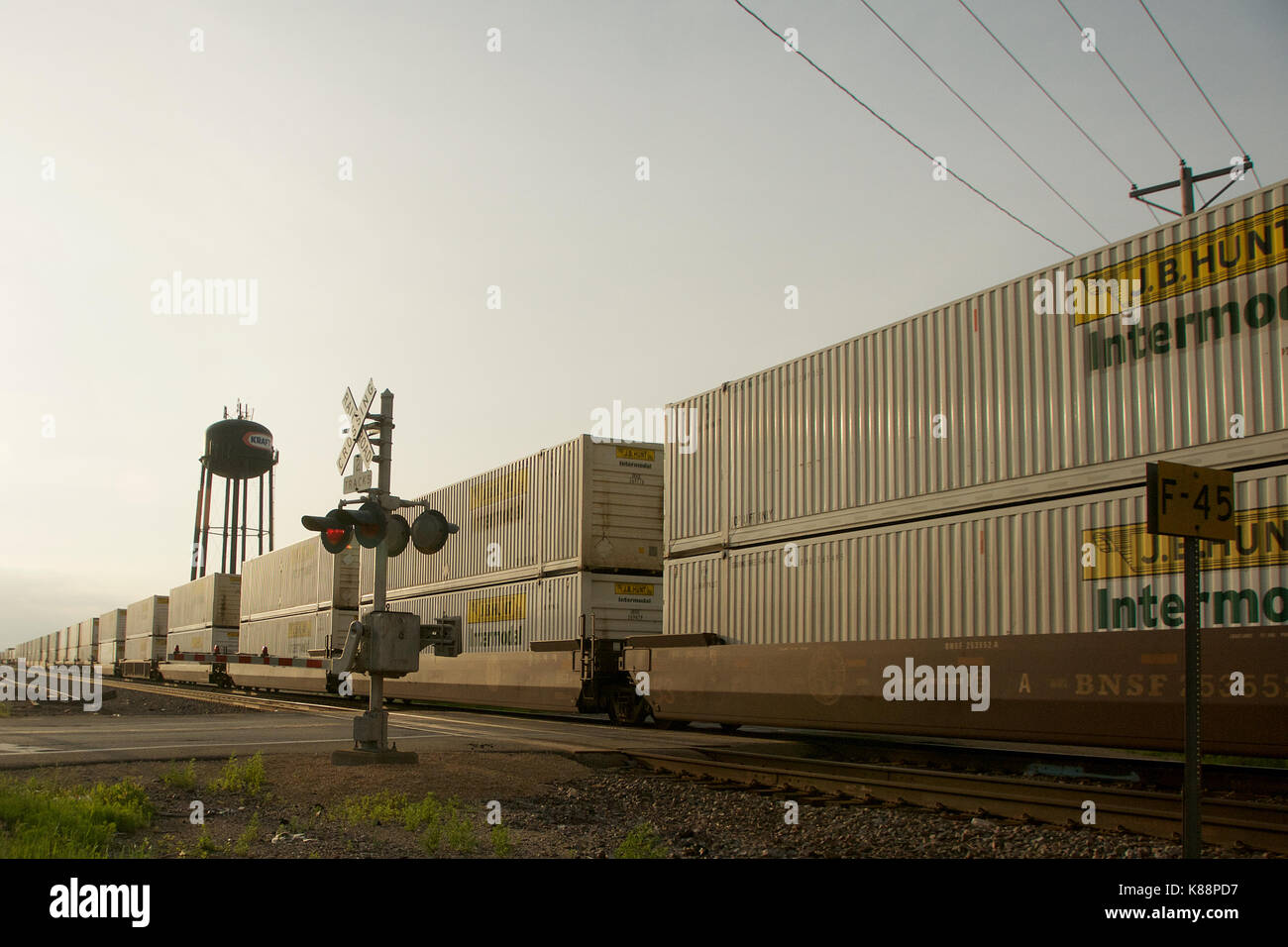 Double-stack container train passing Rochelle, Illinois, USA Stock Photo