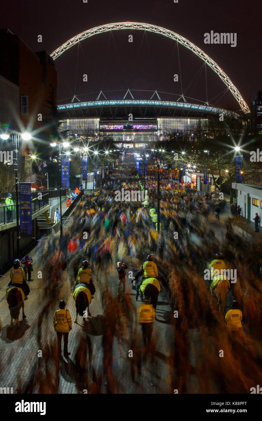Long exposure photo of Bradford City and Swansea City fans leaving Wembley Stadium after the League Cup Final, 24th February 2013. Stock Photo