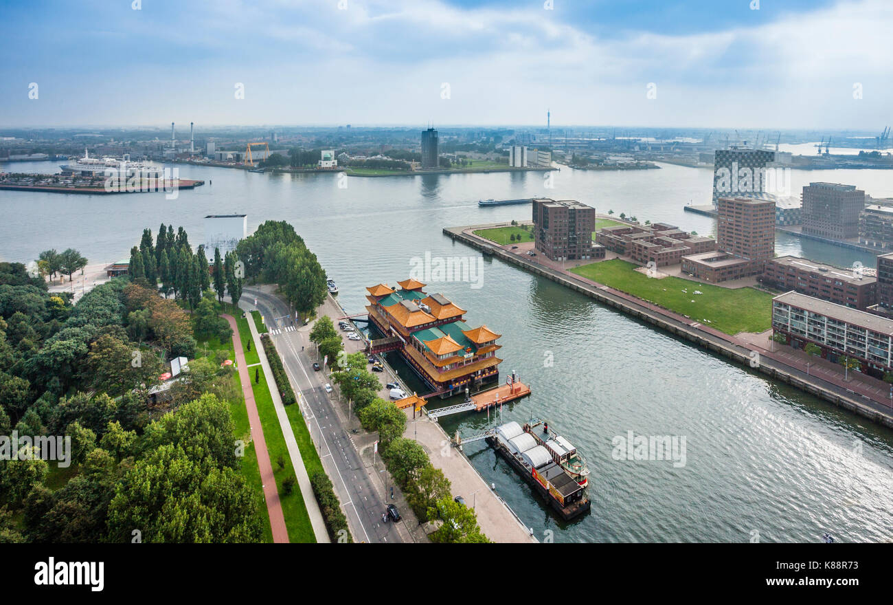 Netherlands, South Holland, Rotterdam, aerial view of the Nieuwe Maas and Parkhaven with floating restaurants Stock Photo