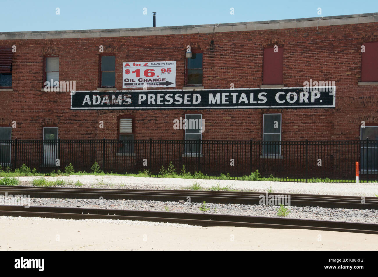 Industrial building by the railroad tracks in Galesburg, Illinois, USA