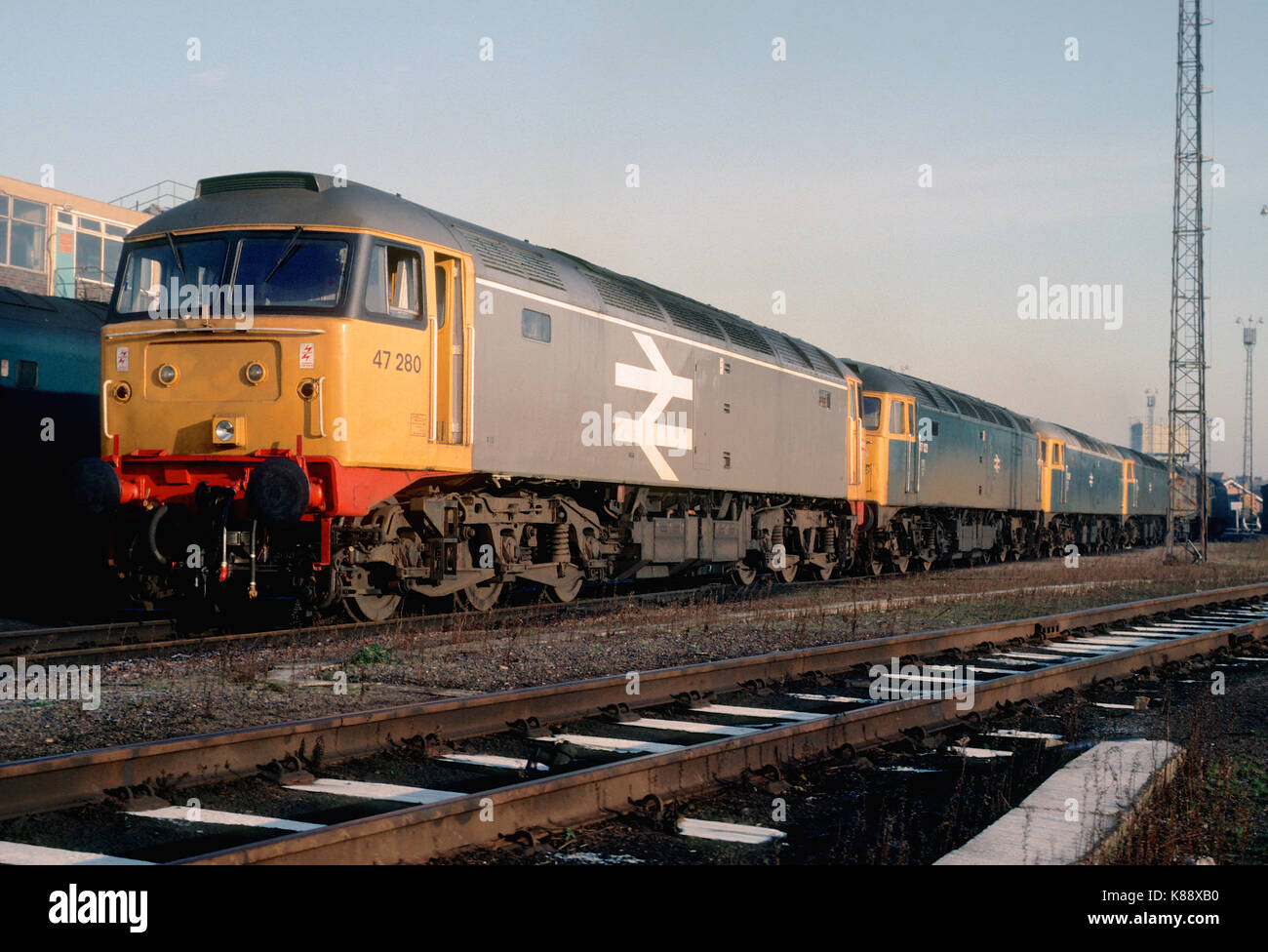 Line up of Class 47 locomotives at Stratford Depot in East London in the 1980's Stock Photo