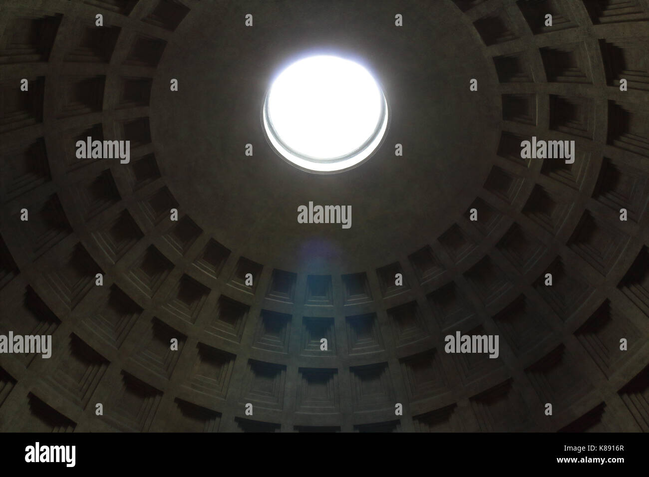 Ceiling interior of the Pantheon, with central opening. Rome, Italy. Stock Photo