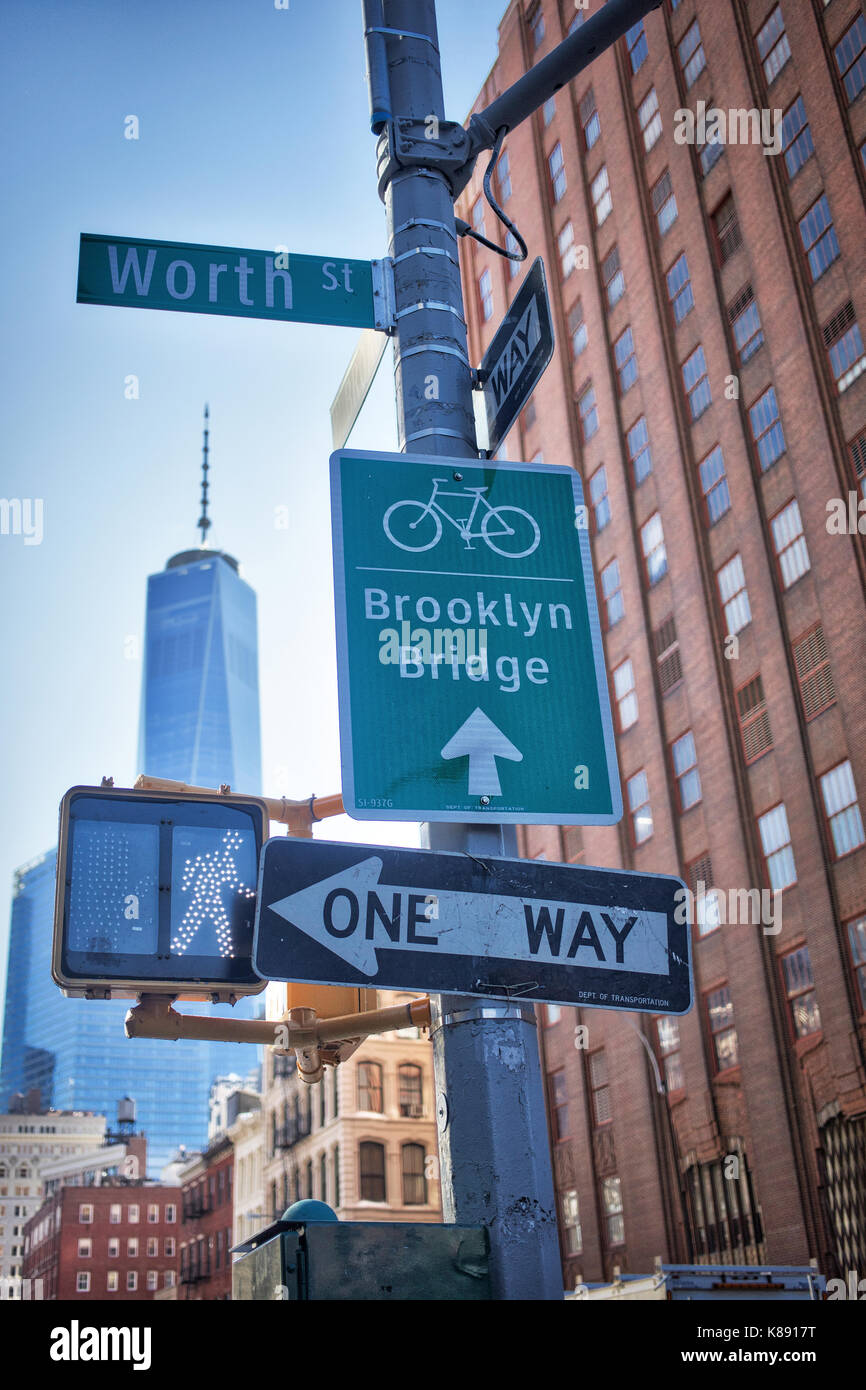 NEW YORK, USA - MARCH 2017 -  Brooklyn bridge and Worth sign at Tribeca. Stock Photo
