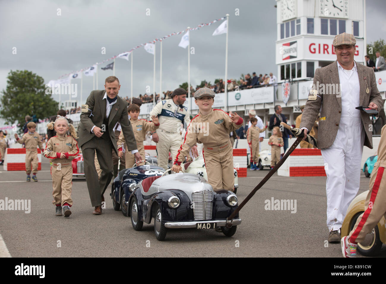 Settrington Cup contest for Austin J40 pedal cars at Goodwood Revival 2017  Meeting, Goodwood race track, West Sussex, England, UK Stock Photo - Alamy