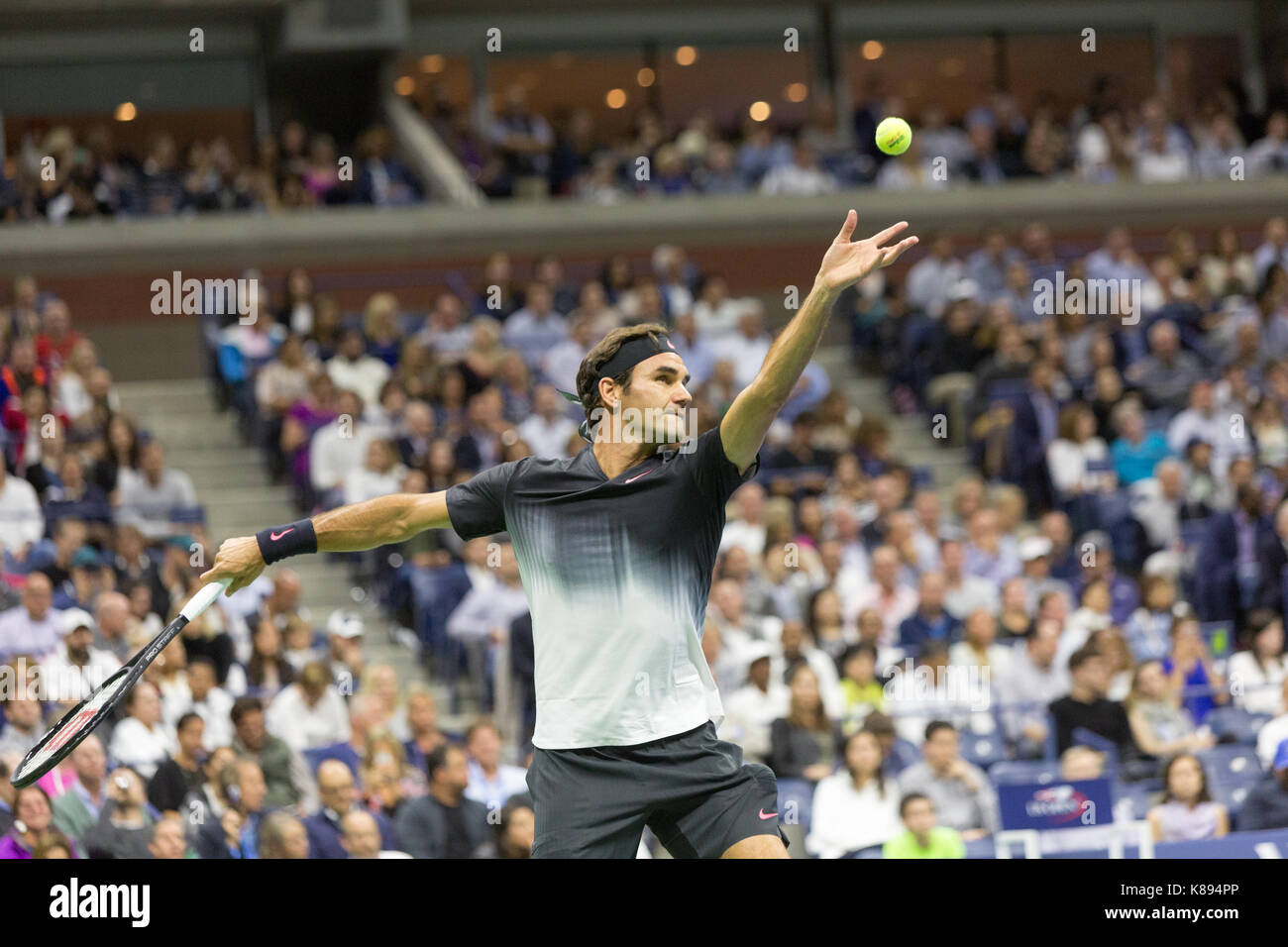 Roger Federer (SWI) competing at the 2017 US Open Tennis Championships