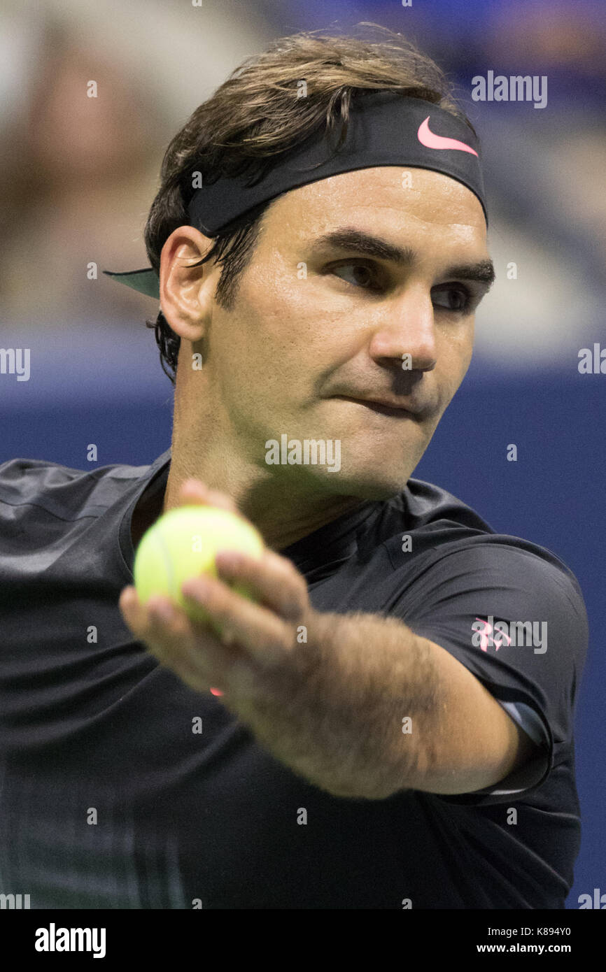 Roger Federer (SWI) competing at the 2017 US Open Tennis Championships