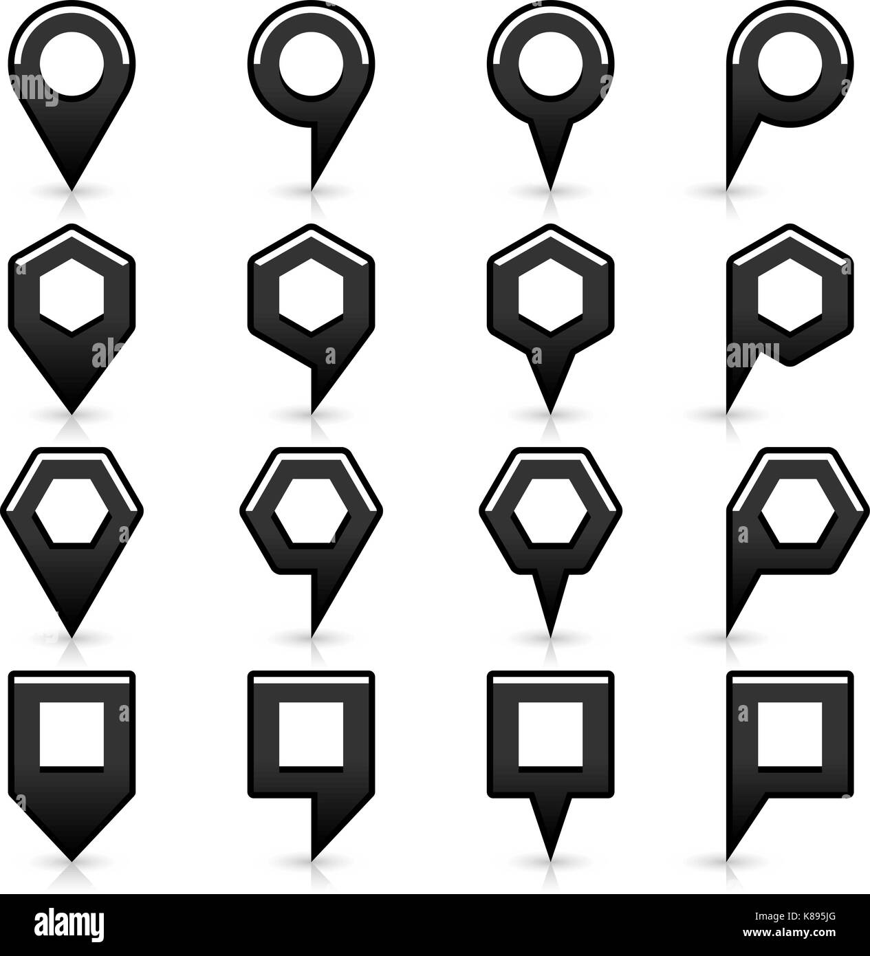 16 map pins sign location icon with gray reflection and shadow in flat ...