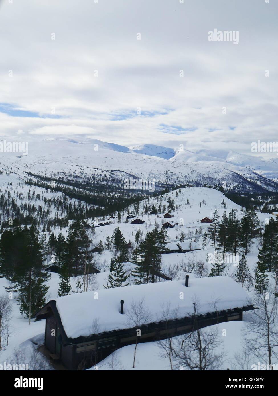 Scandinavian log cabins nestled in a snowy woodland. A view from one of the world's most scenic train rides: from Oslo to Bergen (Norway) Stock Photo