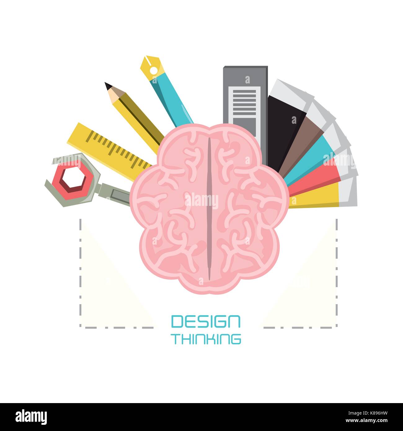 brain with design thinking related icons over white background colorful ...