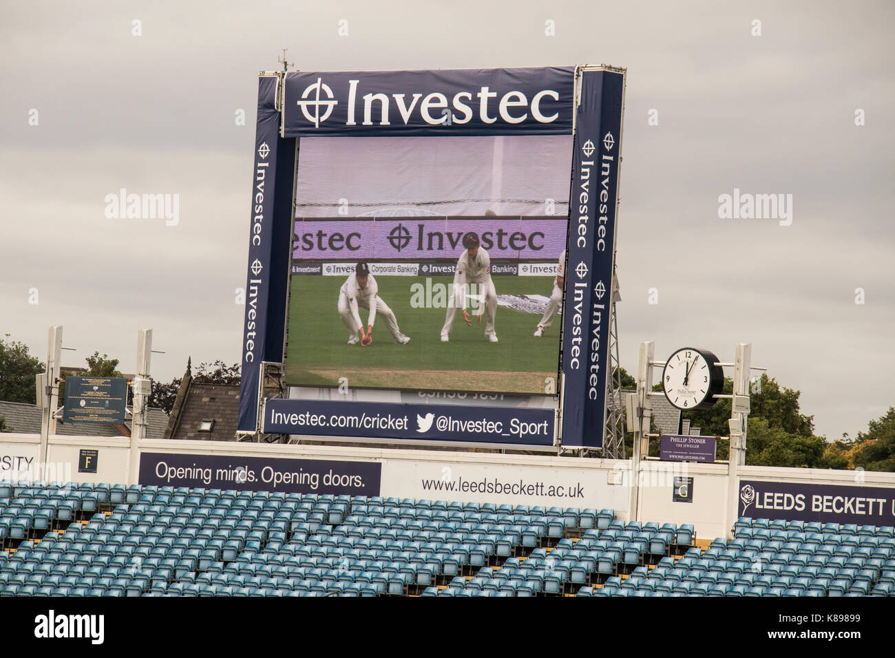 The Electronic video replay board at Headingley Cricket Ground, Leeds, showing  England players and Investec - the sponsors. Stock Photo