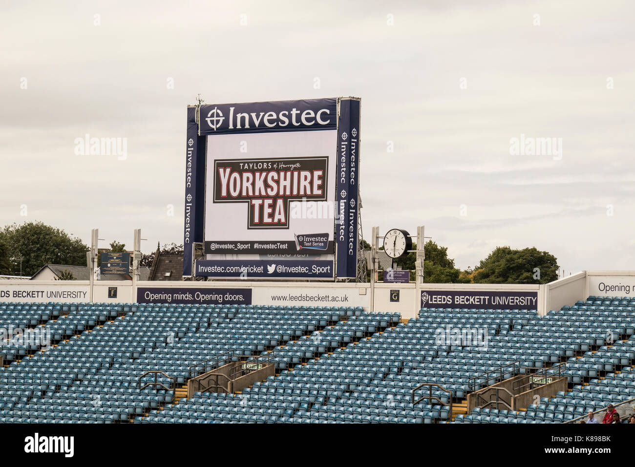 The Electronic video replay board at Headingley Cricket Ground, Leeds, showing advertising images and Investec - the sponsors. Stock Photo
