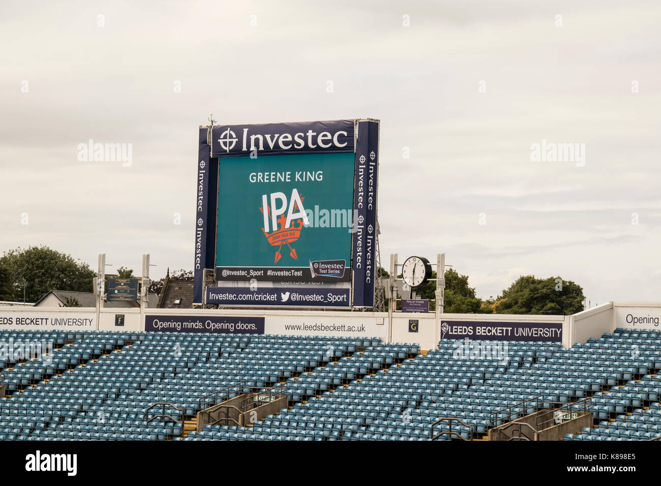 The Electronic video replay board at Headingley Cricket Ground, Leeds, showing advertising images and Investec - the sponsors. Stock Photo