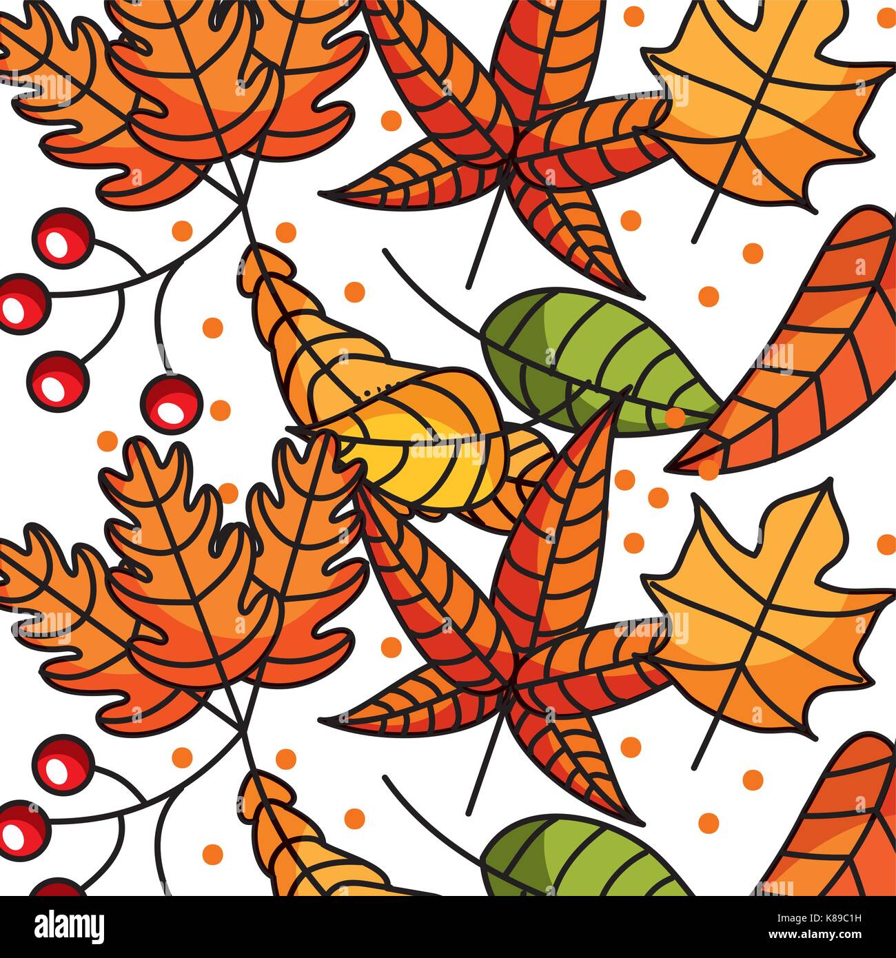 autumn seamless pattern with leaves branches and berries natural Stock ...