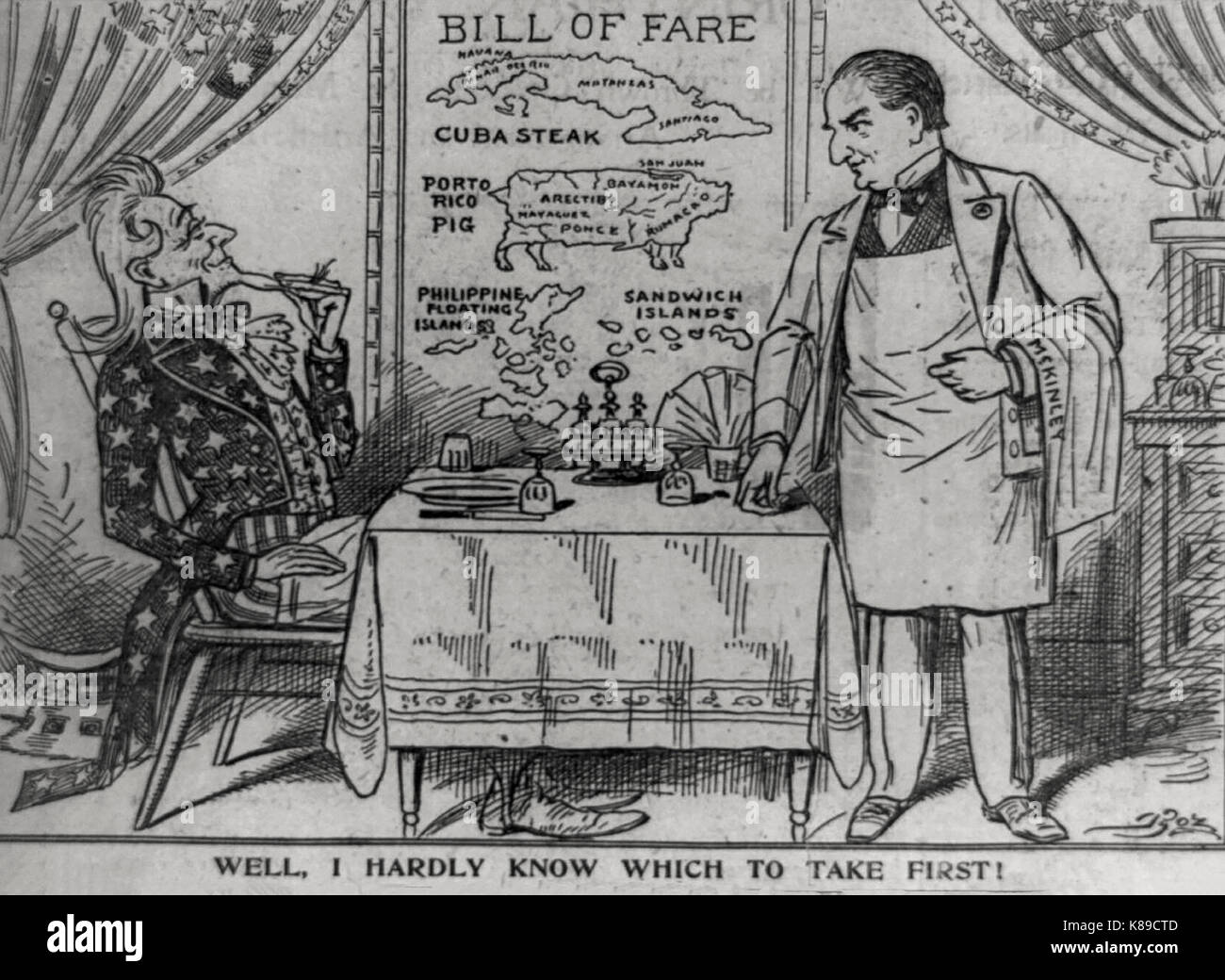 Well, I hardly know which to take first! -  Uncle Sam seated in restaurant looking at bill of fare containing 'Cuba steak,' 'Porto Rico pig,' etc. and talking to waiter 'McKinley.' Political Cartoon, May 1898 Stock Photo