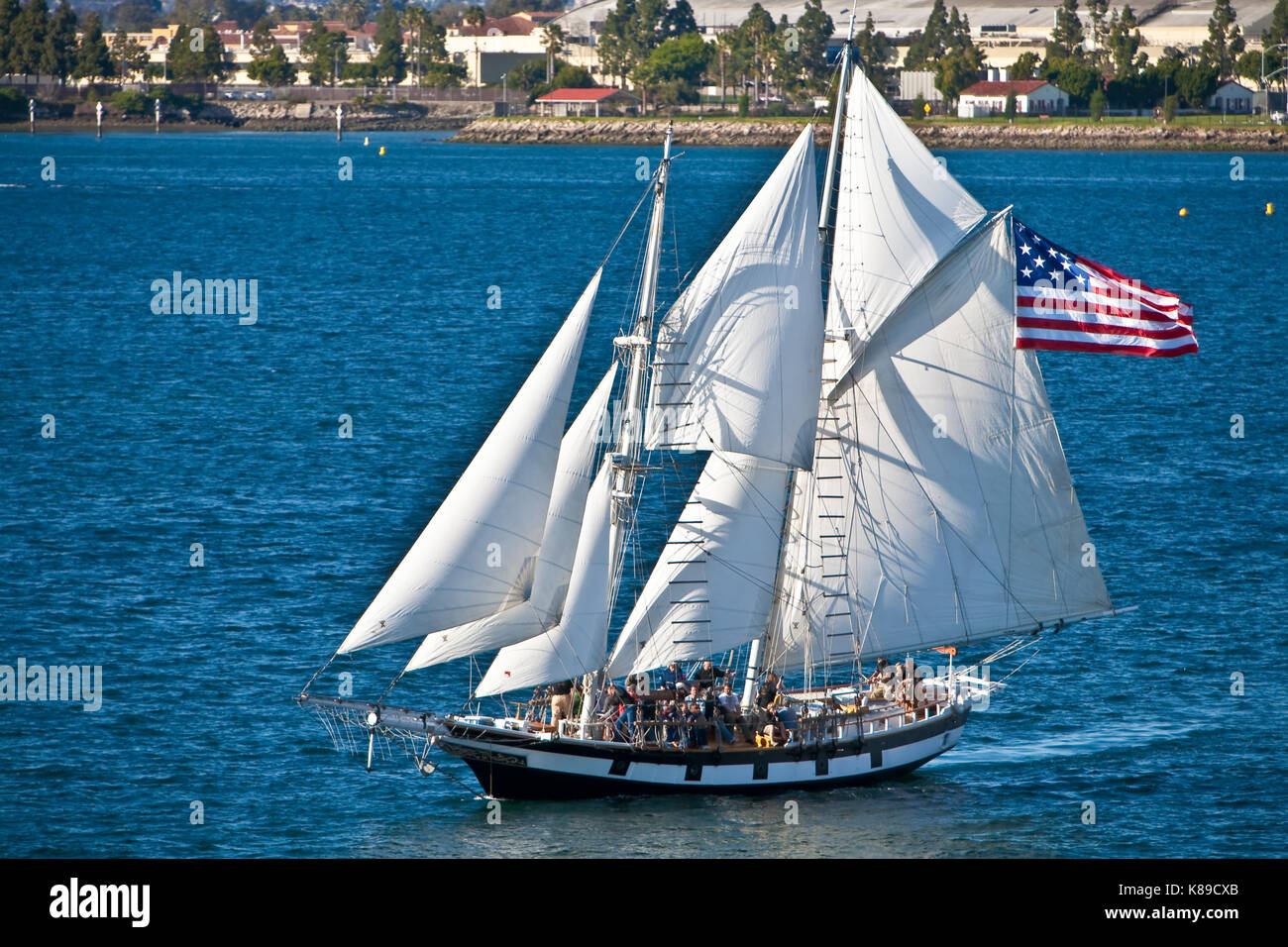 Tall Sailing Ship Anazing Grace under full sail on San Diego Bay, CA US