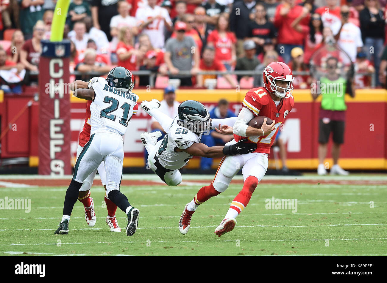 Kansas City Chiefs middle linebacker Willie Gay Jr. (50) celebrates after a  sack during an NFL …