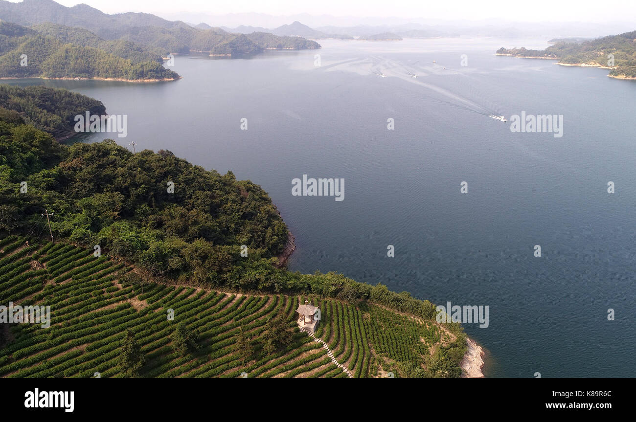 Lu'an. 18th Sep, 2017. Aerial photo taken on Sept. 18, 2017 shows the beautiful scenery of Xianghongdian reservoir at Jinzhai County of Lu'an City, east China's Anhui Province. The Xianghongdian reservoir was approved as the National Water Park in 2004. Credit: Tao Ming/Xinhua/Alamy Live News Stock Photo