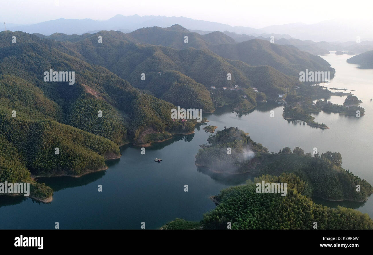 Lu'an. 17th Sep, 2017. Aerial photo taken on Sept. 17, 2017 shows the scenery of Xianghongdian reservoir at Jinzhai County of Lu'an City, east China's Anhui Province. The Xianghongdian reservoir was approved as the National Water Park in 2004. Credit: Tao Ming/Xinhua/Alamy Live News Stock Photo
