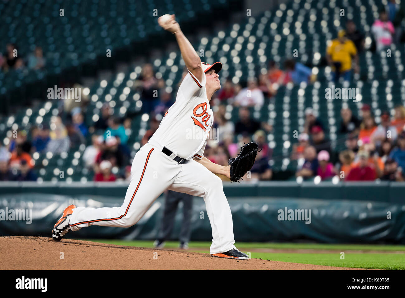 Baltimore, Maryland, USA. 18th Sep, 2017. Baltimore Orioles starting pitcher Dylan Bundy (37) throws during MLB game between Boston Red Sox and Baltimore Orioles at Oriole Park at Camden Yards in Baltimore, Maryland. Scott Taetsch/CSM/Alamy Live News Stock Photo