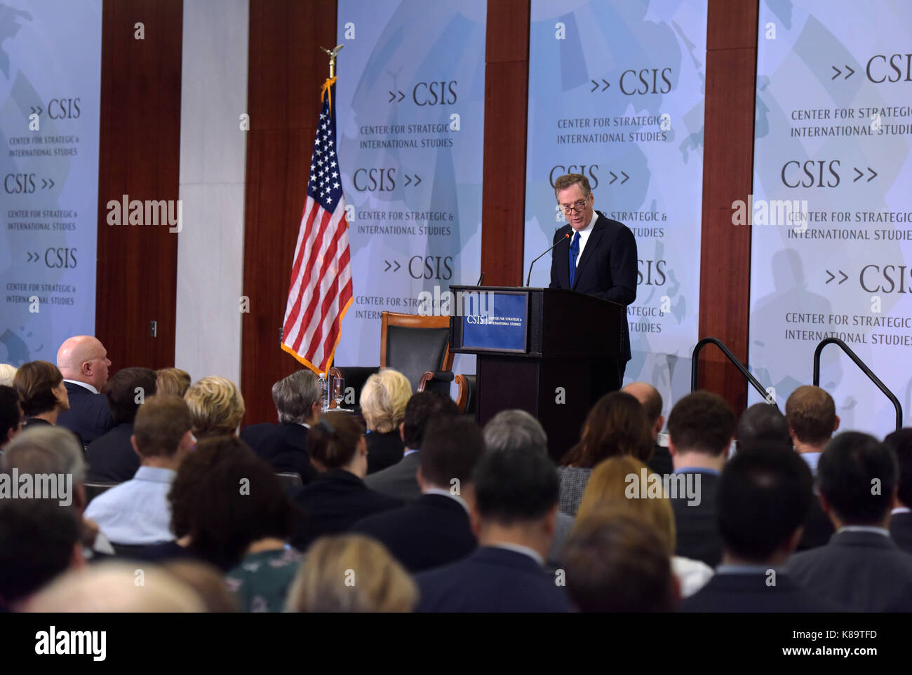 Washington, DC, USA. 18th Sep, 2017. U.S. Trade Representative (USTR) Robert Lighthizer delivers remarks at the Center for Strategic and International Studies (CSIS) in Washington, DC, the United States, on Sept. 18, 2017. Robert Lighthizer said here on Monday that reducing trade deficits is one of the Trump administration's trade policy priorities. Credit: Yin Bogu/Xinhua/Alamy Live News Stock Photo