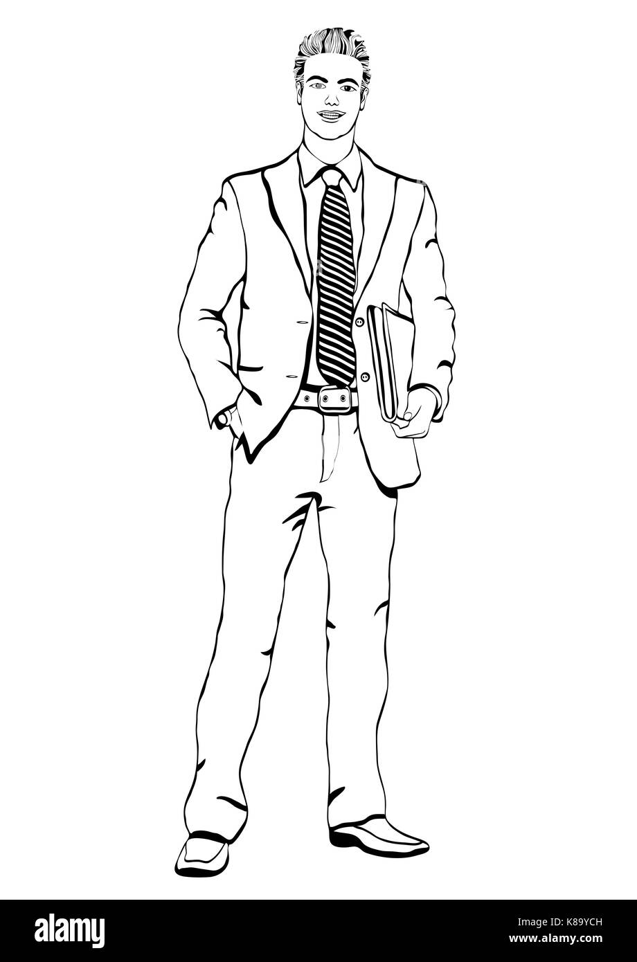 Business man in suit with a tie with a briefcase in his hands standing front side, vector outline portrait male full-length, black and white painted h Stock Vector