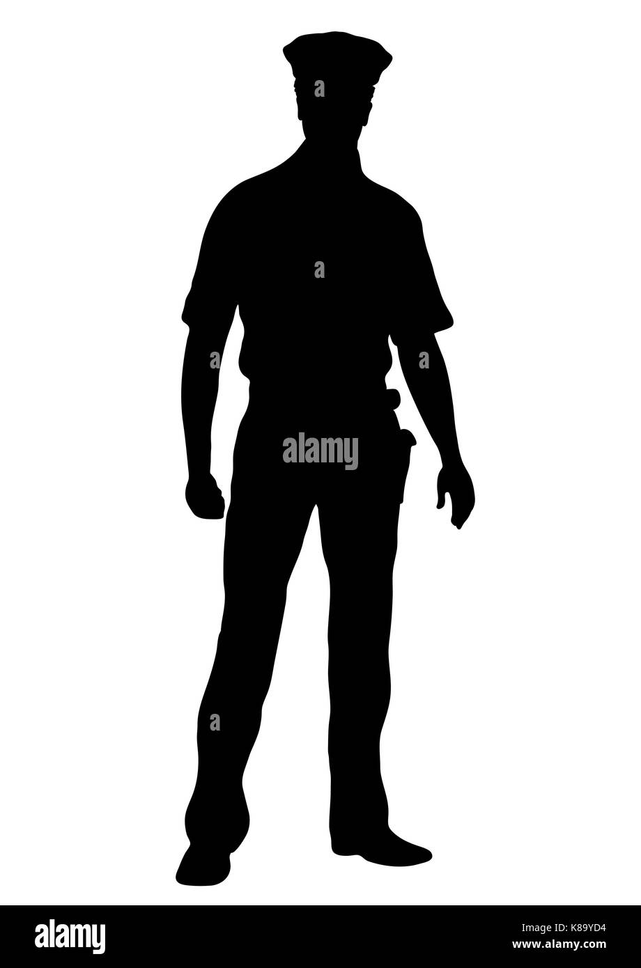 Police officer vector silhouette, outline man standing front side full-length, contour portrait male cop in a police uniform with arms, isolated on wh Stock Vector
