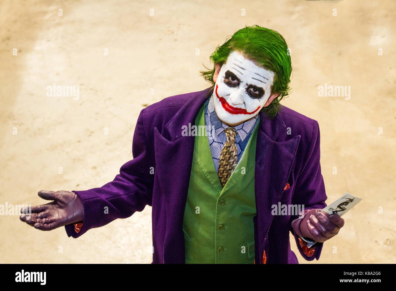 SHEFFIELD, UK - AUGUST 12, 2017. A cosplayer at A comic con event dressed as The Joker from The Batman movies looking straight at the camera Stock Photo