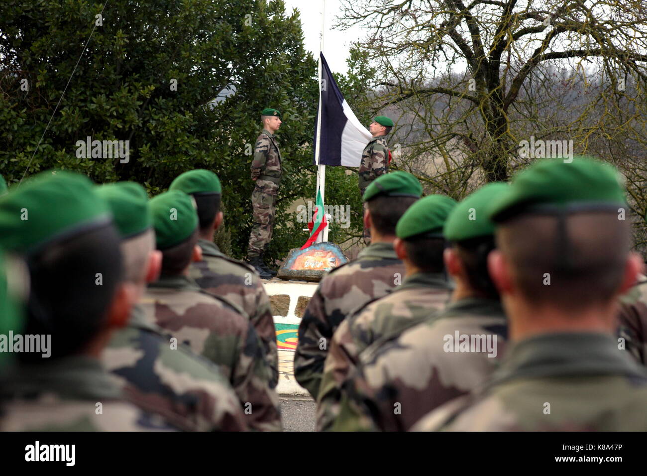 French Foreign Legion recruits (Engagé Volontaires), not quite yet Legionnaires, stand for assembly at the 4REI, 2CIE's farm outside Castelnaudary on  Stock Photo