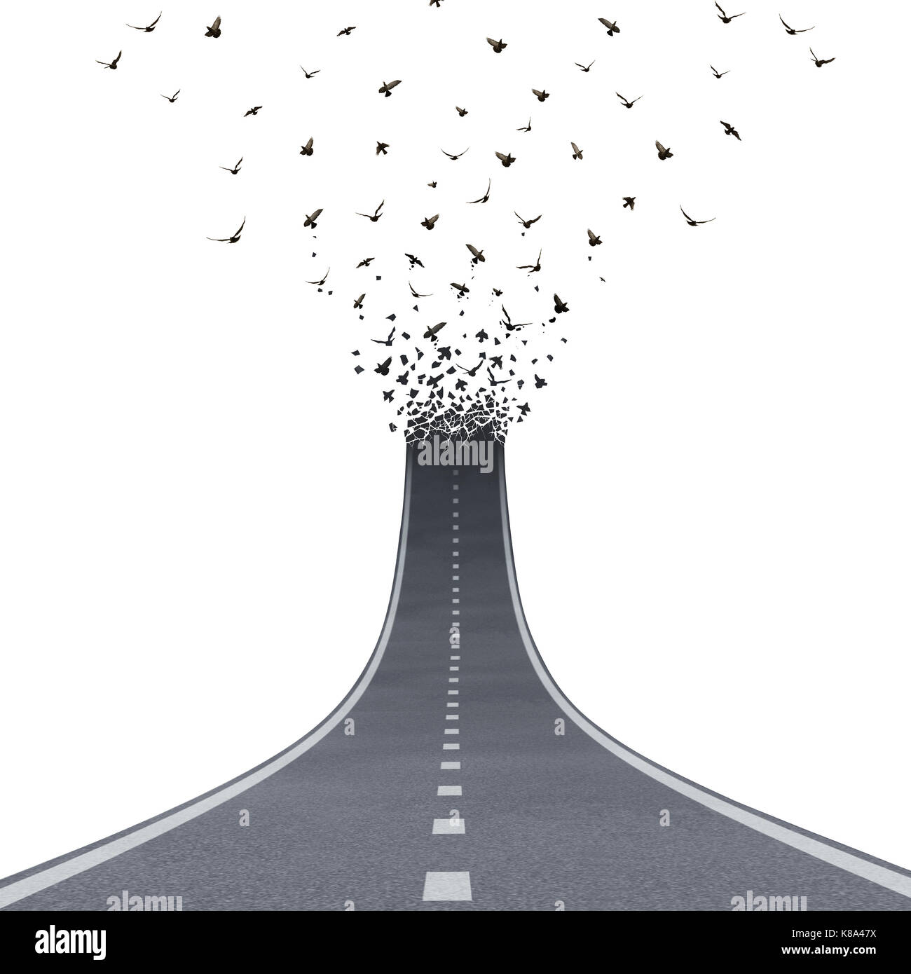 Freedom Road concept as a driving pathway liberty or highway going up and transforming into flying birds as a business metaphor for success or life mo Stock Photo