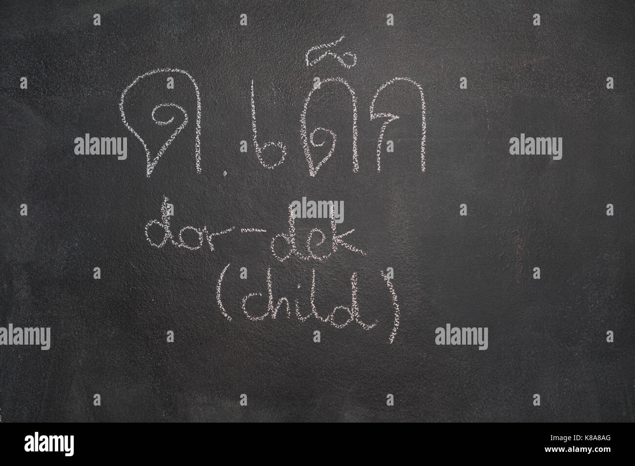 Thai letter written with white chalk on blackboard Stock Photo