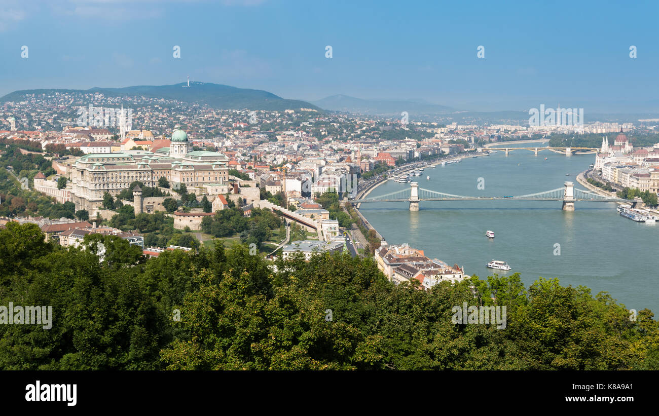 Panorama of Budapest in Hungary with the Buda Castle on the left side and the Chain Bridge on the right side. Stock Photo