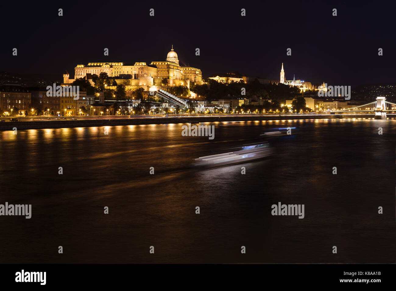 Night shot of the Danube and the Buda Castlel in Budapest, Hungary. Stock Photo
