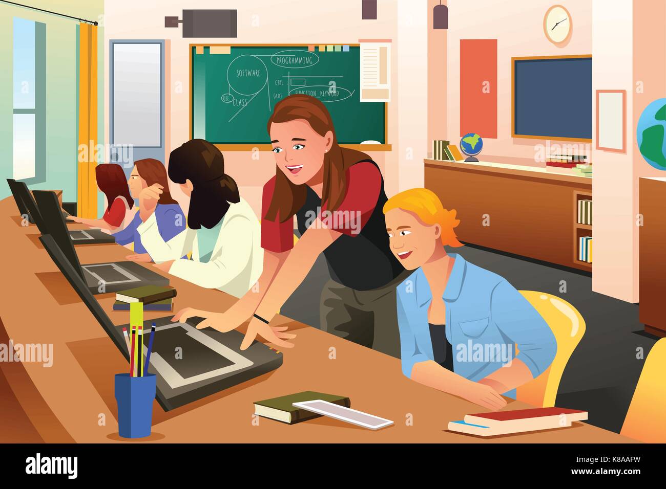 A vector illustration of Female Teacher in Computer Class with Students Stock Vector