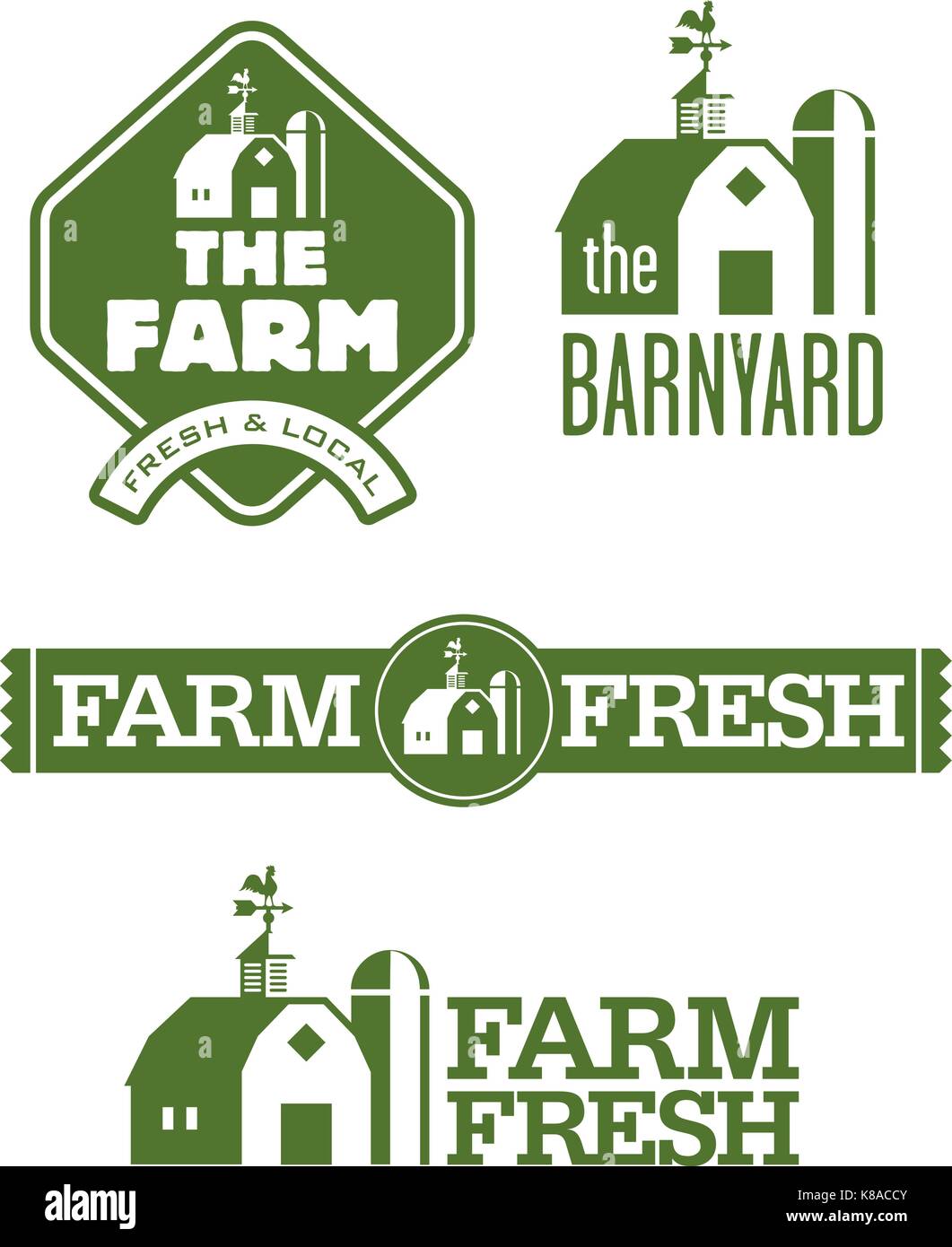Farm and Barn Logos. A set of four farm and barn logo designs for farm fresh local food. Designs feature banners with space for text. Easy to edit. Stock Vector