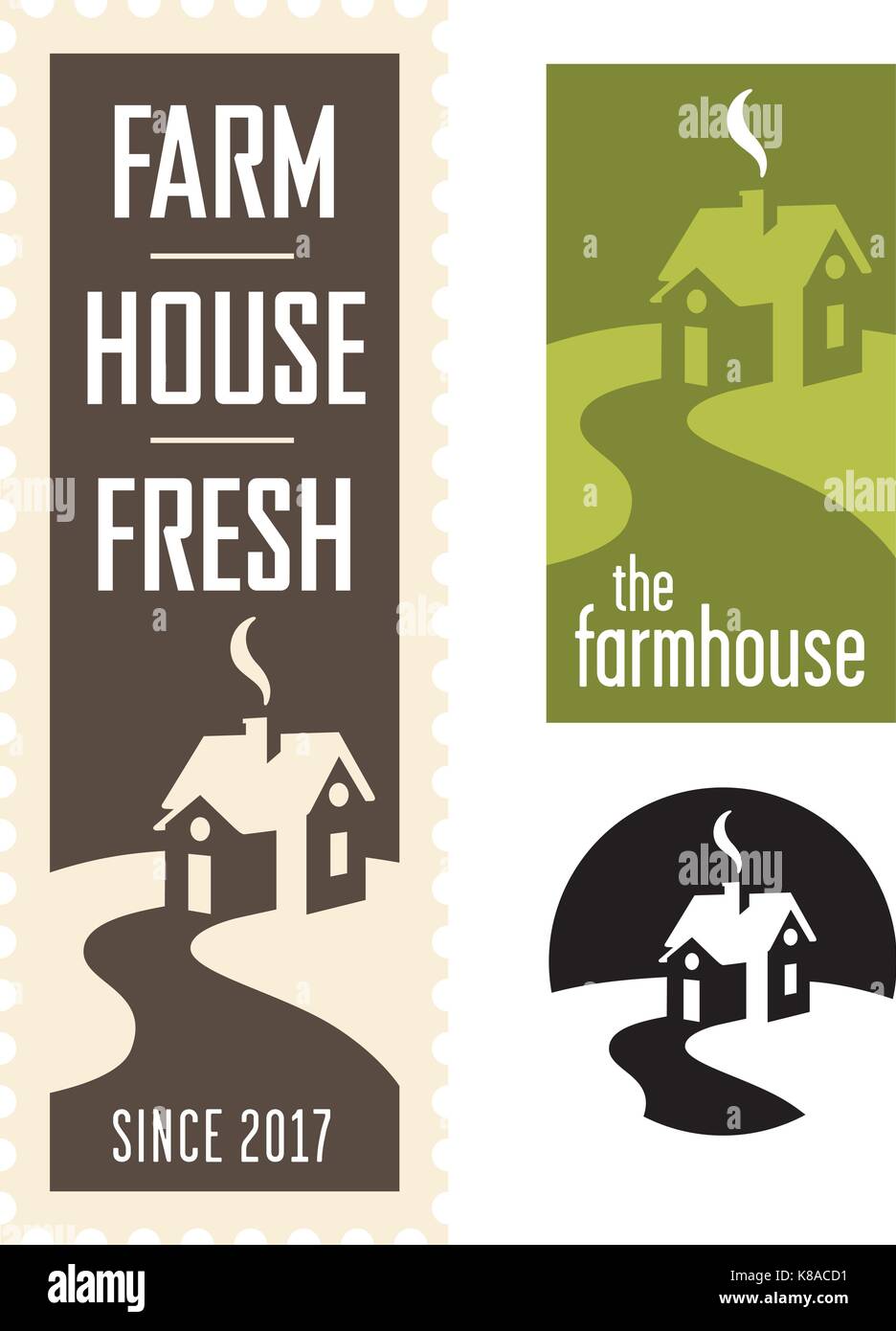 Set of Farmhouse Vector Logos Three farmhouse logos or badges with winding road leading to a quaint, country house with smoke coming from the chimney. Stock Vector