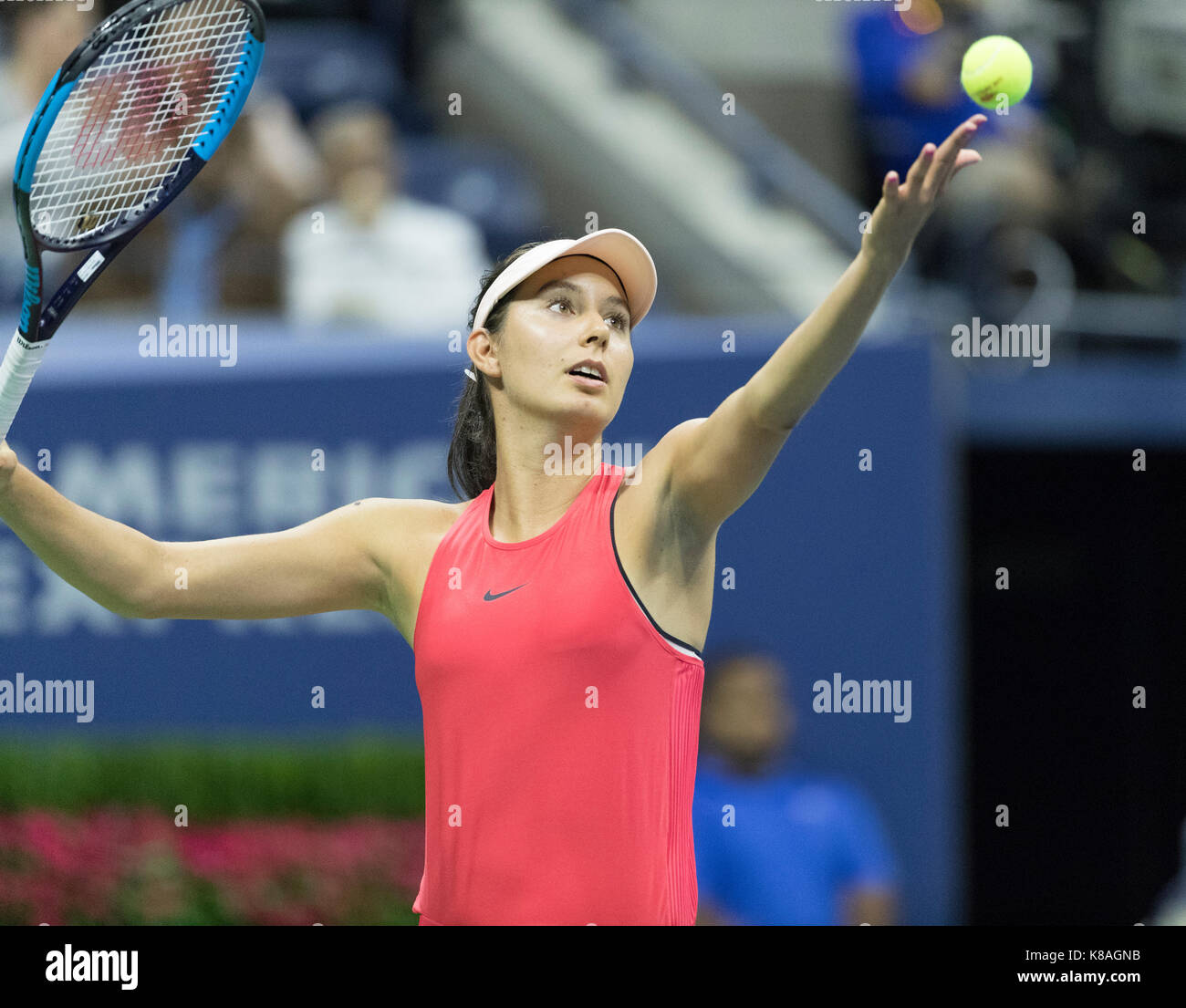 New York, NY USA - August 30, 2017: Oceane Dodin of France serves during match against Venus Williams of USA at US Open Championships at Billie Jean King National Tennis Center Stock Photo