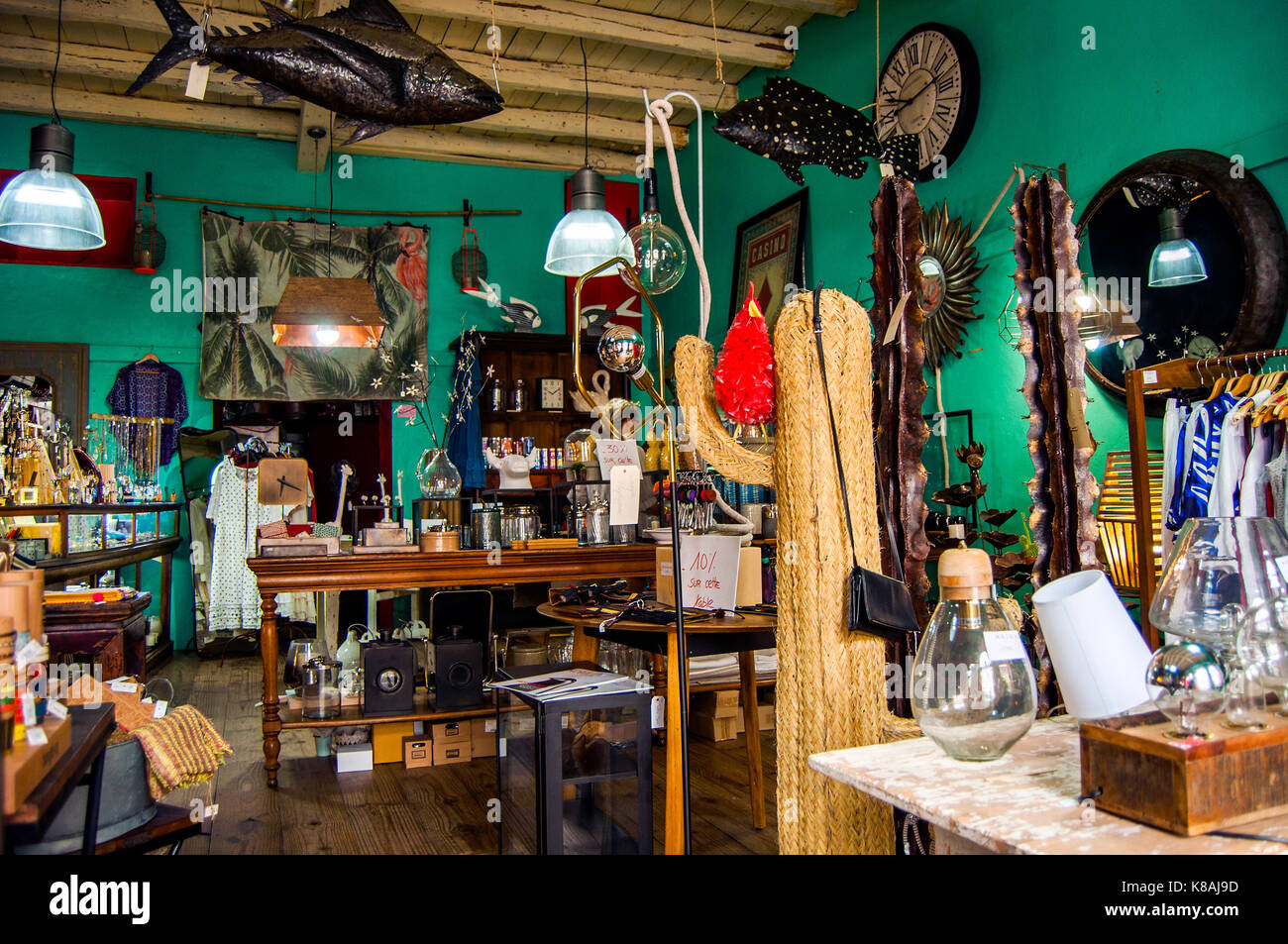 Craft and home decor shop interior in pedestrians only shopping street, Rue Marechal Leclerc, St. Denis, Reunion Stock Photo