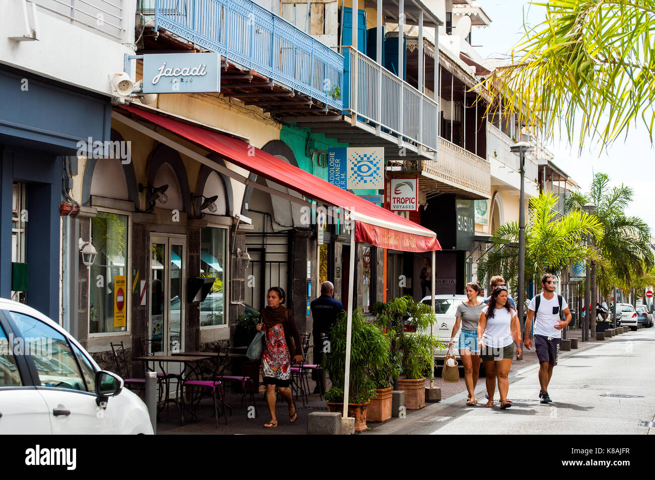 Pedestrians only shopping street scene, Rue Marechal Leclerc, St. Denis, Reunion Stock Photo