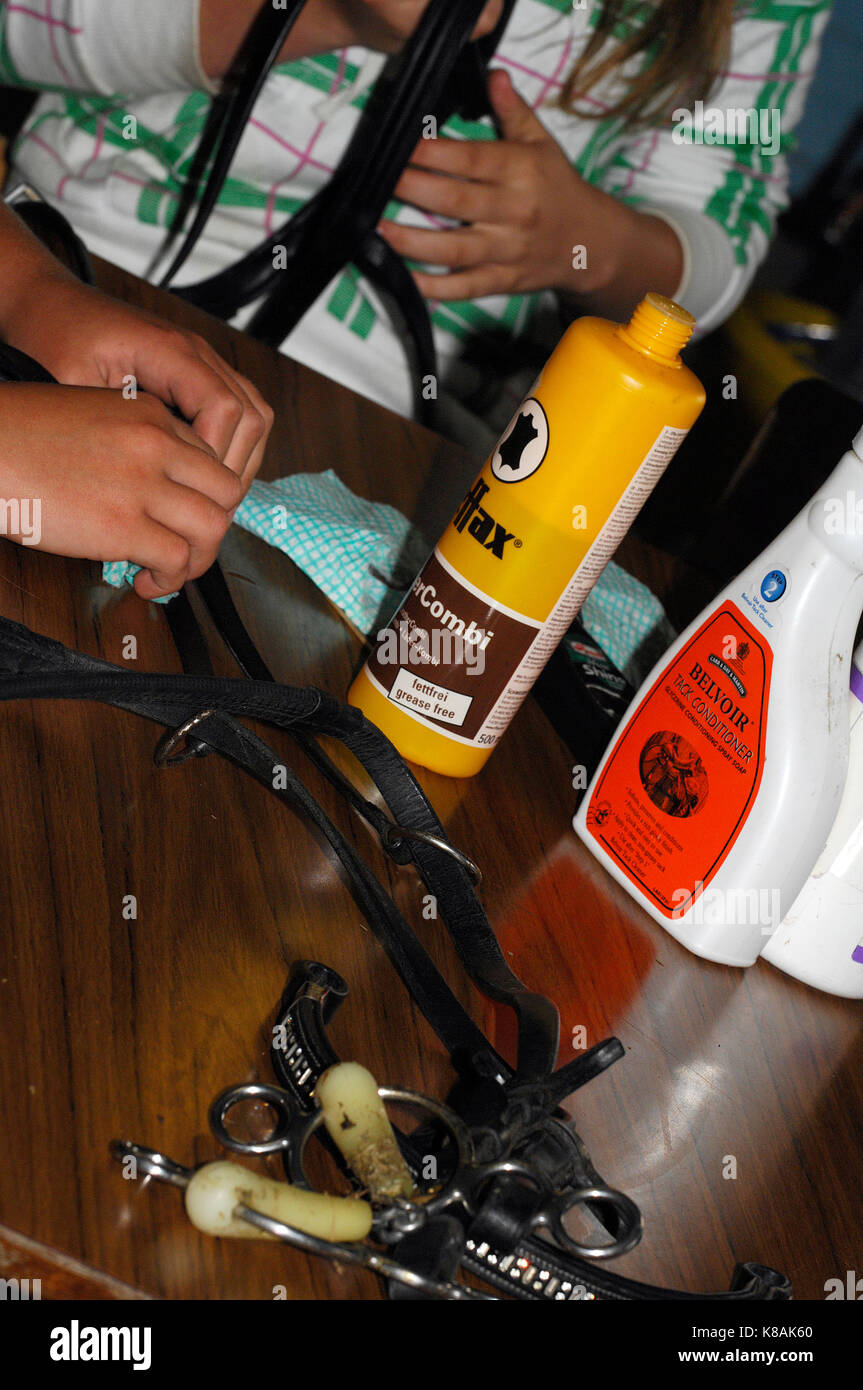 pony club members or riders of horses cleaning their tack and bridles ...
