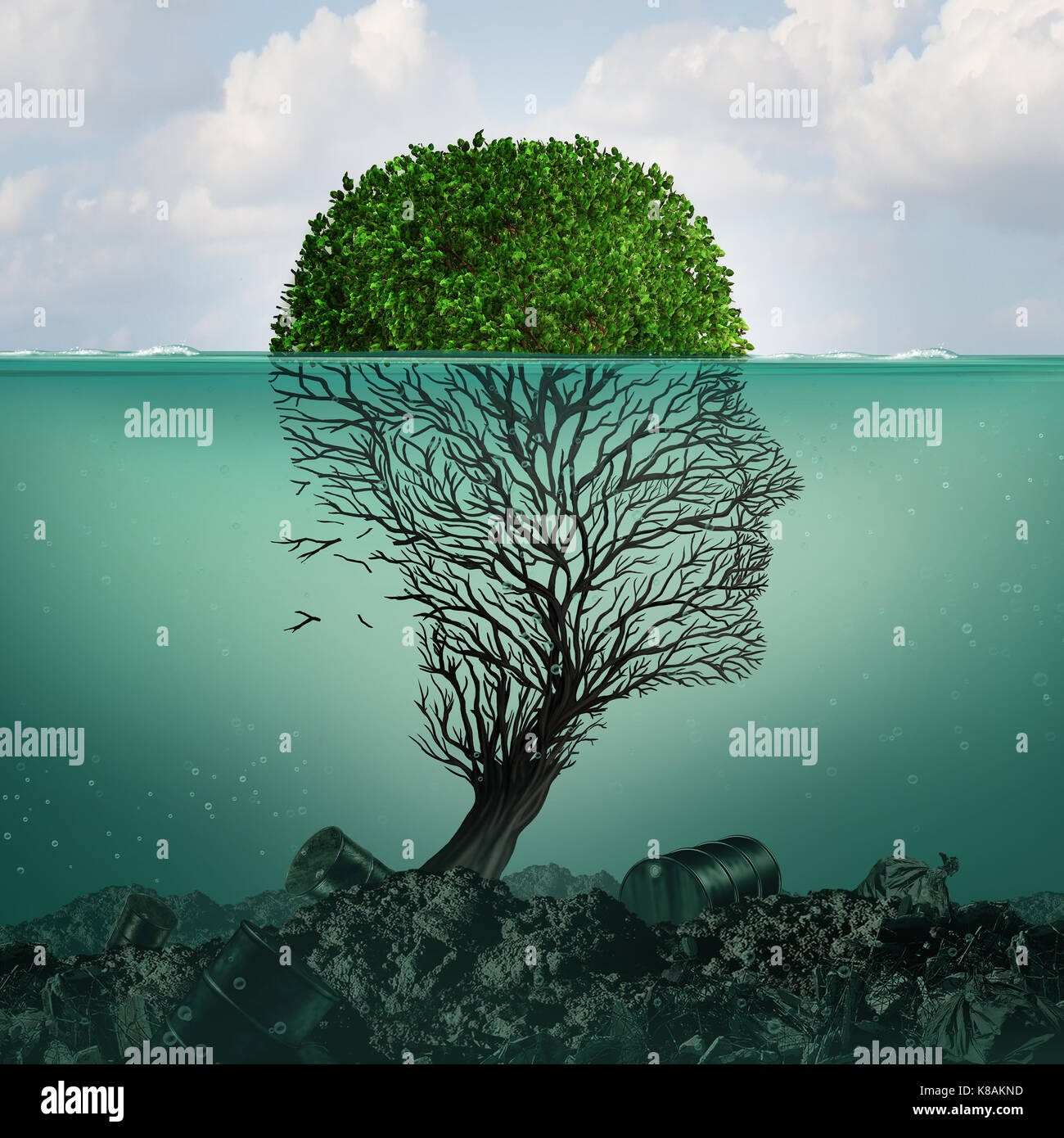 Polluted water contamination with hazardous industrial waste as a tree shaped as a human head underwater with the toxic liquid killing the plant. Stock Photo