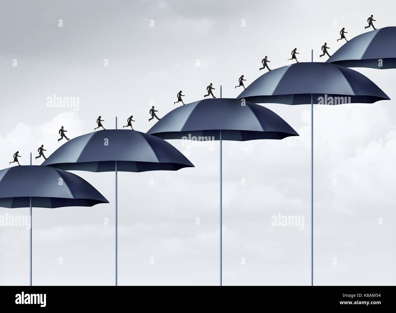 Security increase business safety strategy concept as a group of people running upward with a rising chart of umbrella objects as an employee. Stock Photo