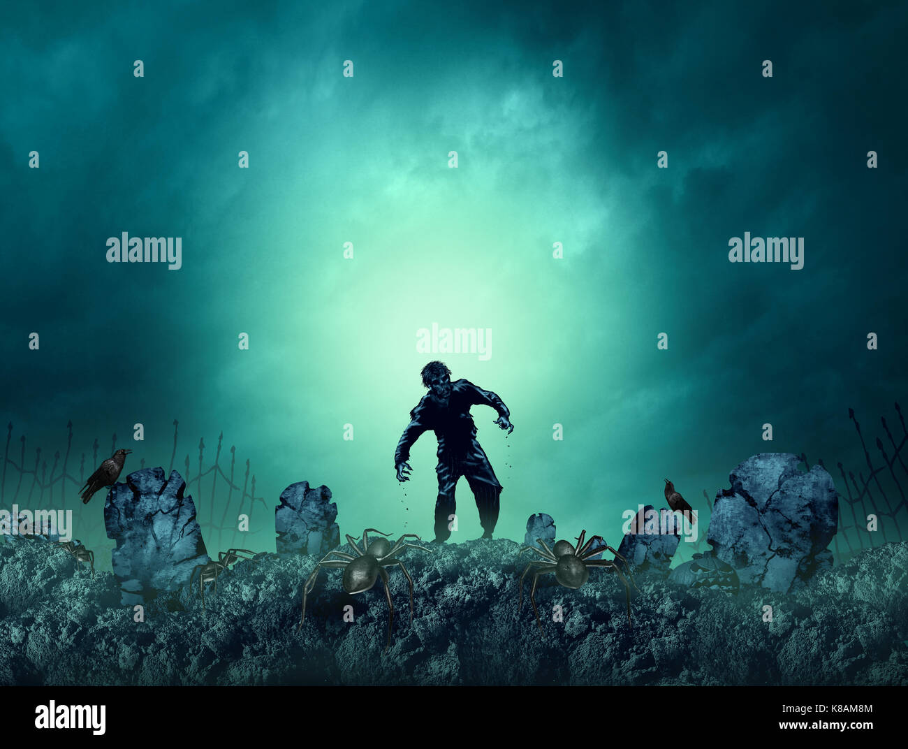 Zombie grave halloween background as a creepy walking monster in a blank area for text as a spooky dead scary ghost as an autumn holiday greeting. Stock Photo