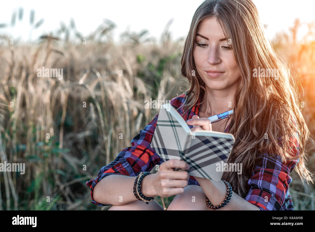 Beautiful girl student field. Journalist. Concept new ideas, summer in ...