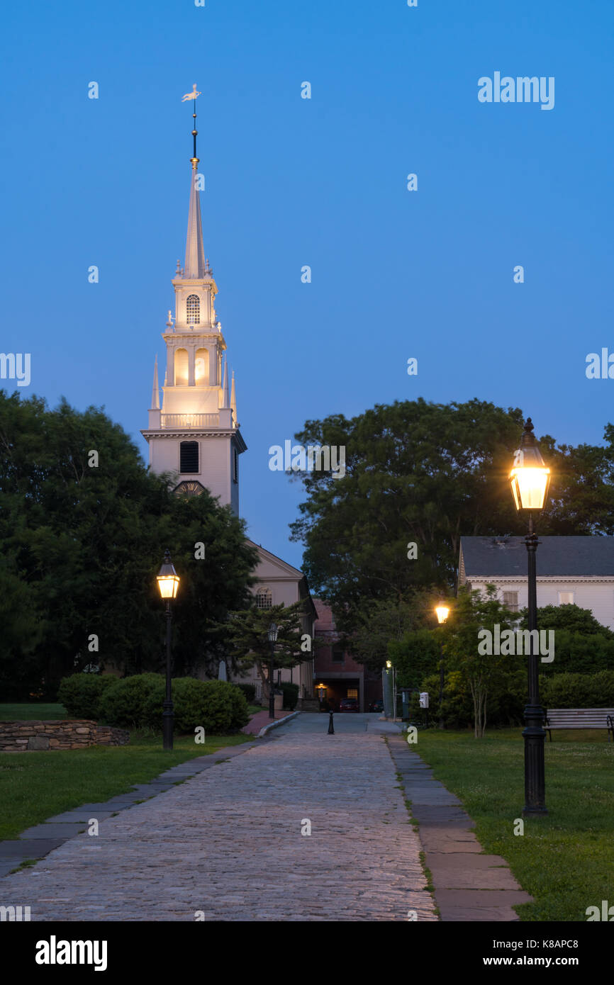 Trinity Church at Blue Hour, Newport, Rhode Island Stock Photo