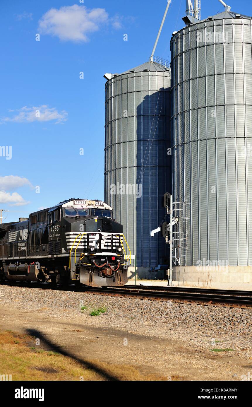 Norfolk Southern Railway units lead a freight train through
